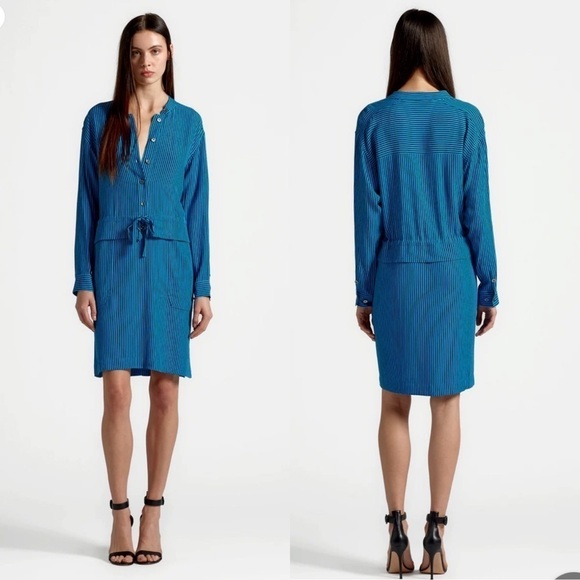 Equipment Lizza Striped Dress Drawstring Waist Long Sleeve Blue Black 4 - Picture 1 of 10